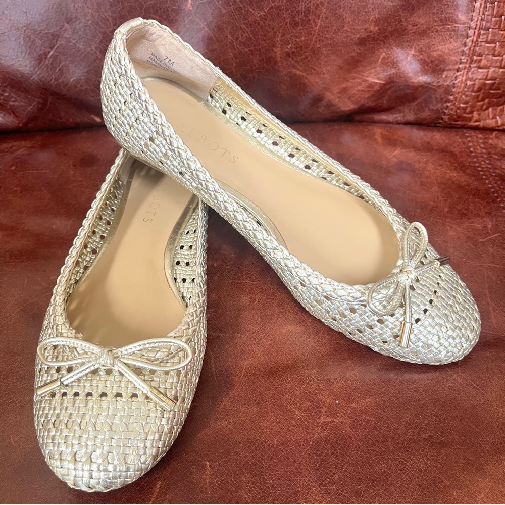 Talbots Blair Woven Design Ballet Flats Loafers In Metallic Gold Color Size 7 - Picture 2 of 7